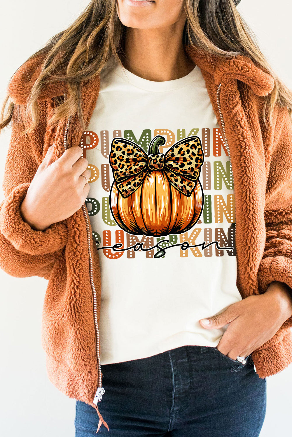 Hazel Blues® |  White PUMPKIN Season Leopard Bow Print Crew Neck T Shirt