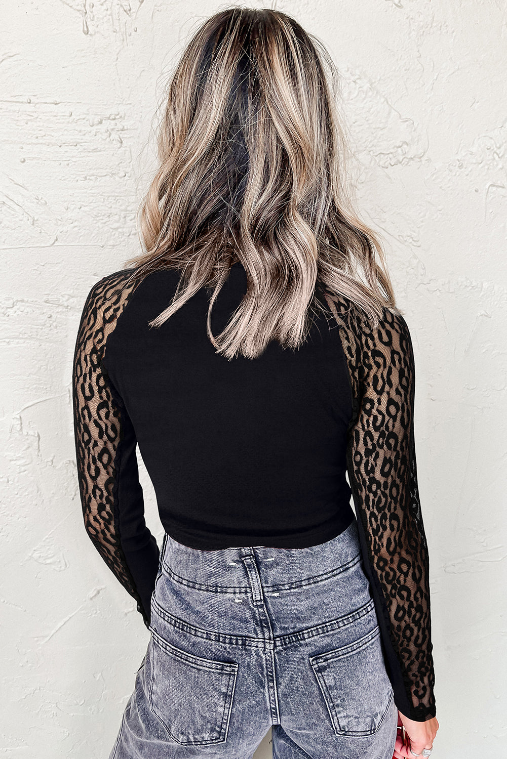 Leopard Mesh Patchwork Knit Long Sleeve Top