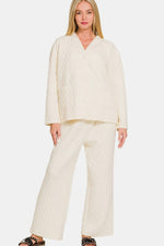 Hazel Blues® |  Zenana Quilted Button Up Long Sleeve Top and Pants Lounge Set