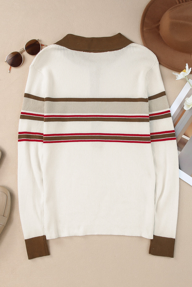 Hazel Blues® |  Half Button Contrast Stripe Long Sleeve Knit Top