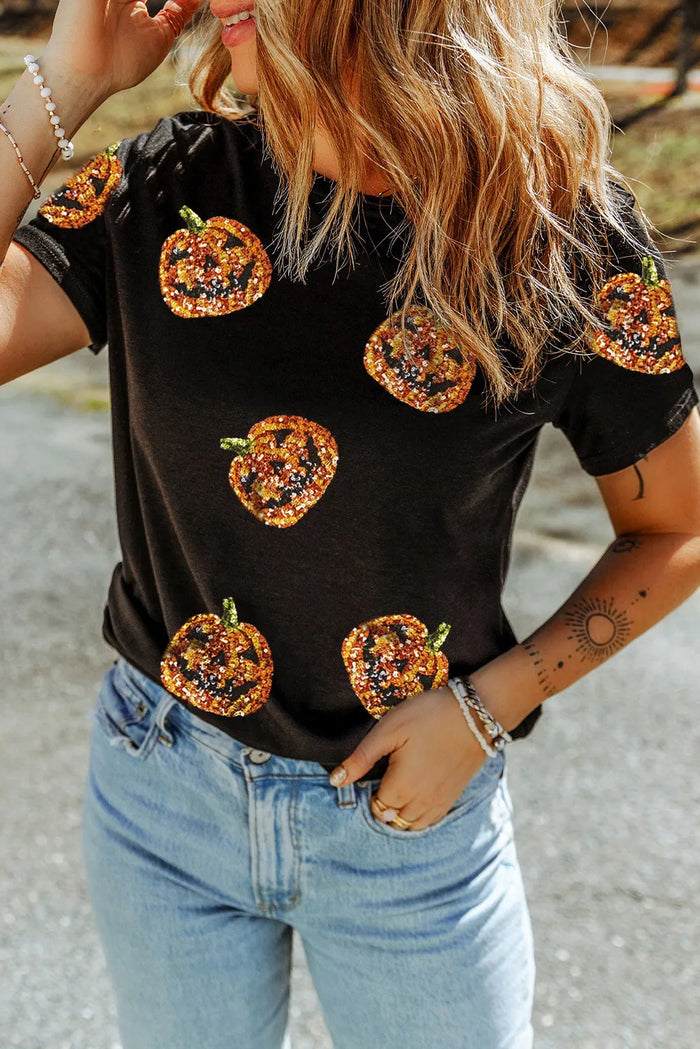 Hazel Blues® |  Sequin Pumpkin Round Neck Short Sleeve T-Shirt