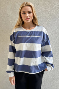 Hazel Blues® |  Oh Pima Cotton Wash Exposed Seam Contrast Striped Round Neck Long Sleeve T-Shirt