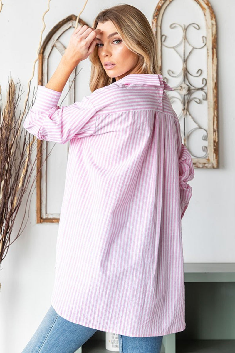 Hazel Blues® |  First Love Striped Button Down High-Low Hem Shirt