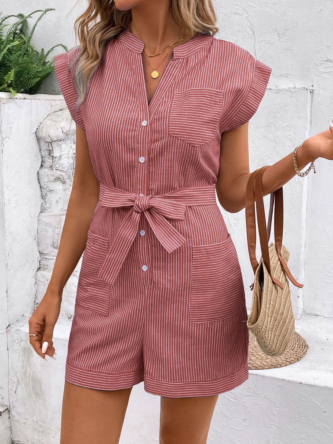 Hazel Blues® |  Striped Notched Tie Waist Romper