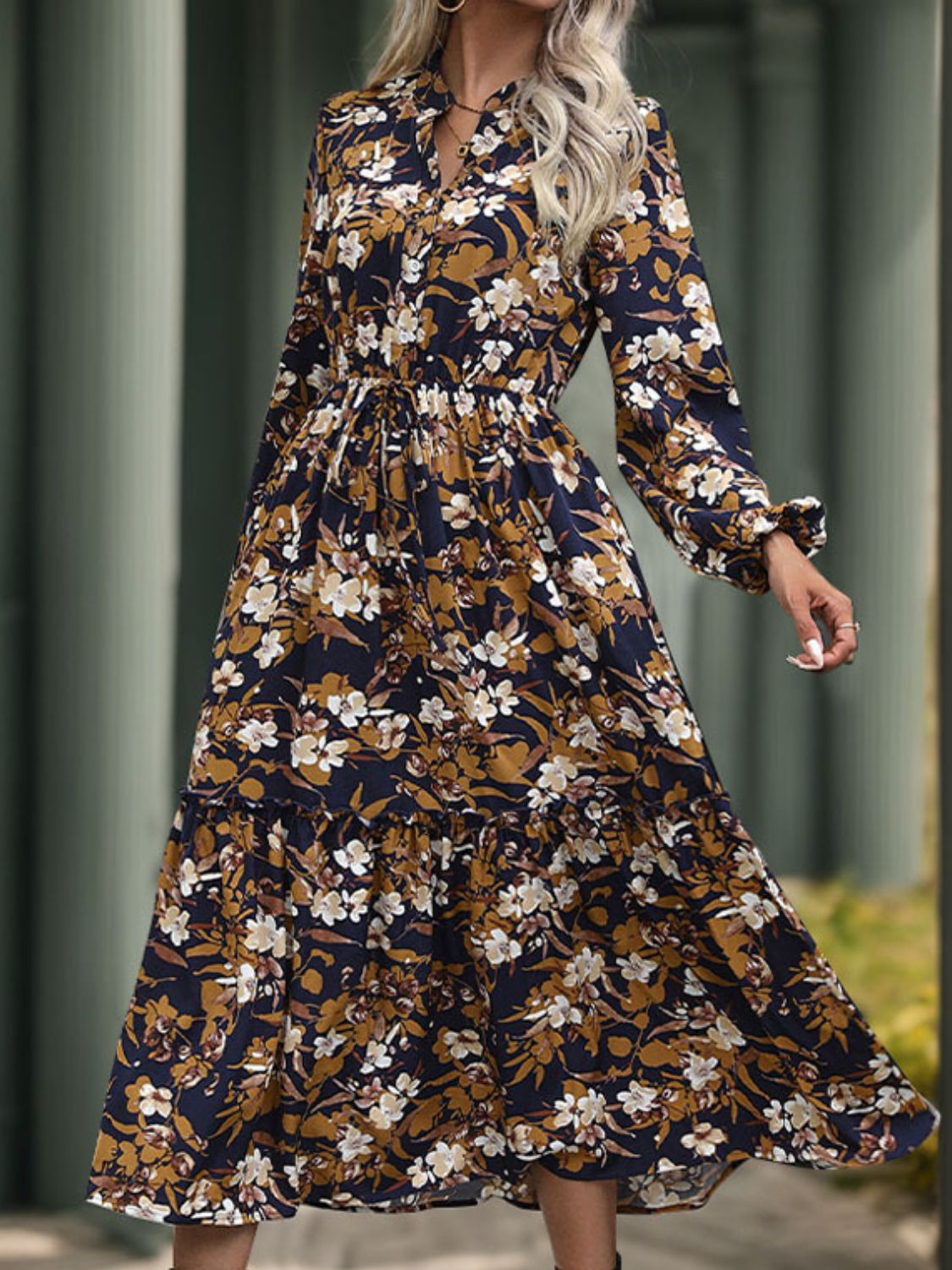 Hazel Blues® |  Perfee Printed Notched Long Sleeve Midi Dress