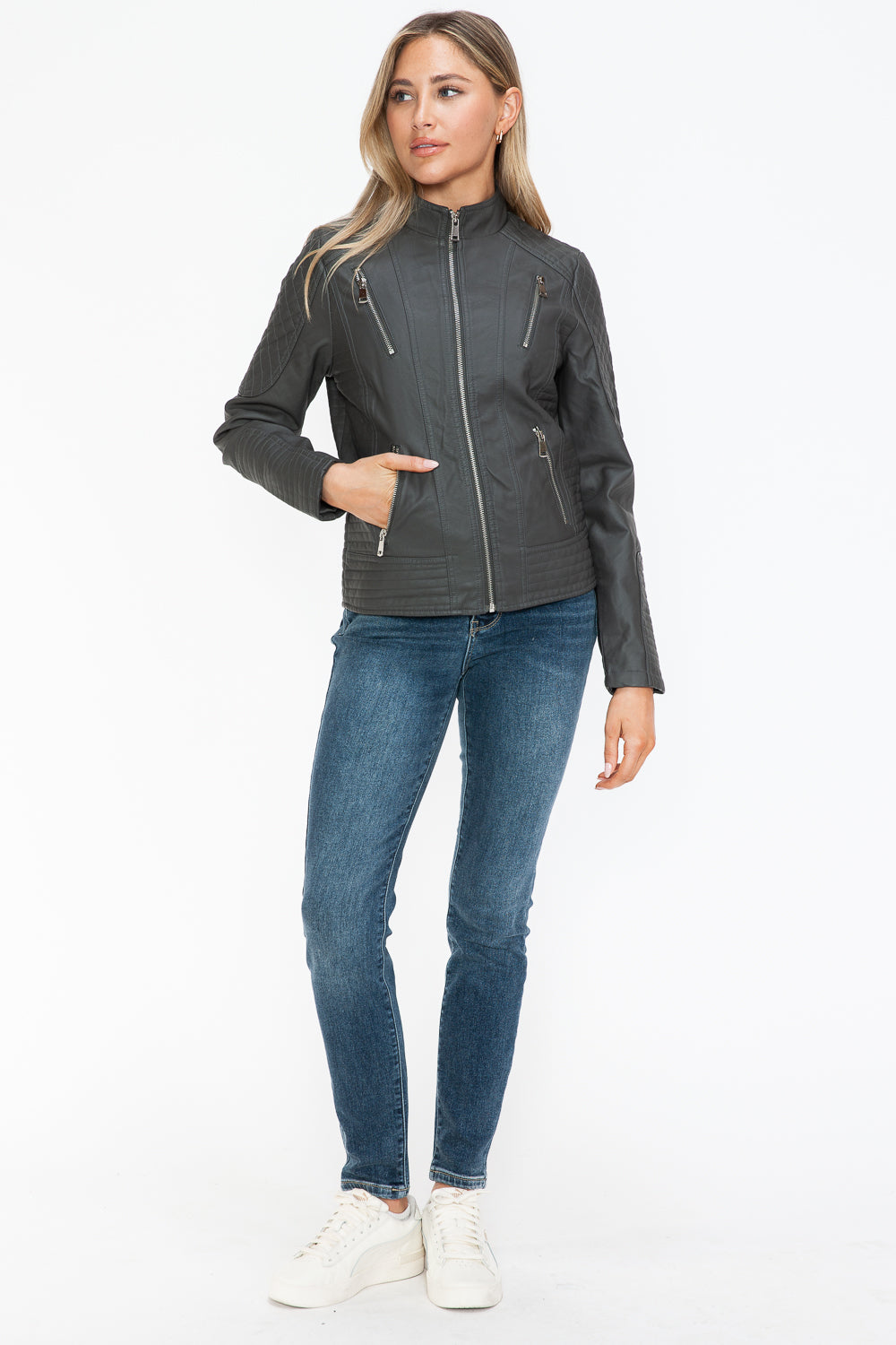 Hazel Blues® |  Snobbish Faux Leather Zip Up Mock Neck Jacket