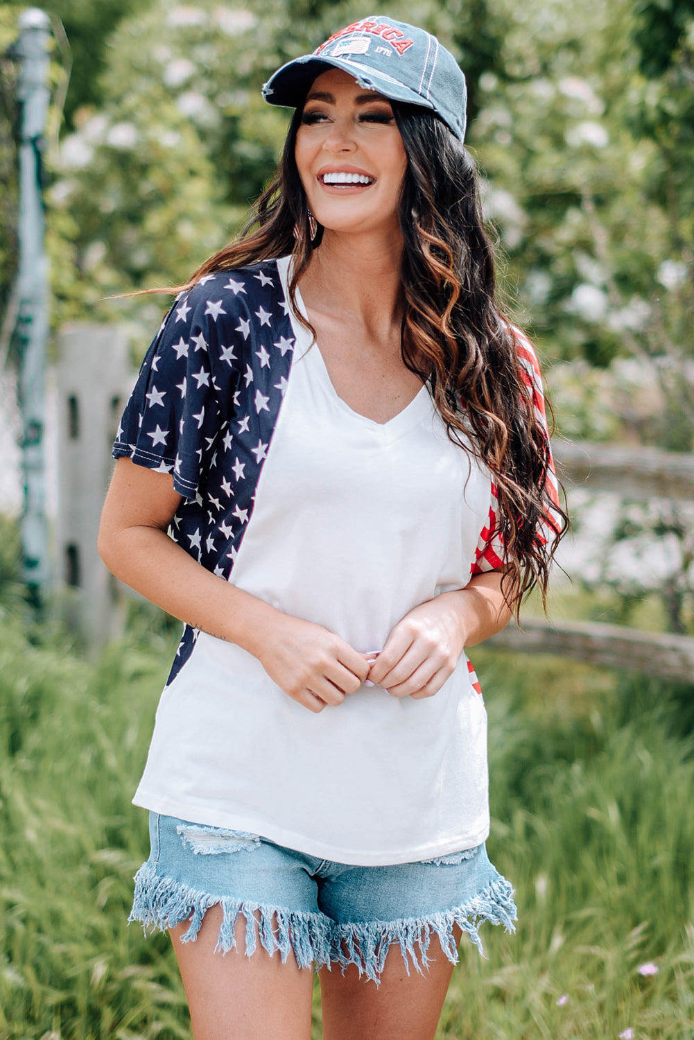 Hazel Blues® |  US Flag V-Neck Tee Shirt