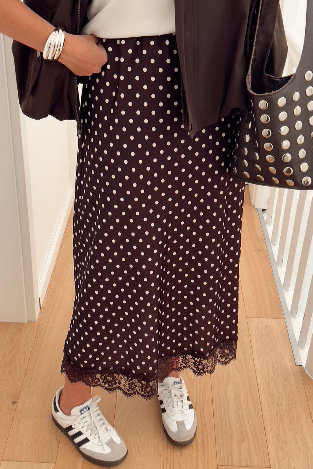 Brown Polka-Dot Lace Hem Elegant Long Shift Skirt