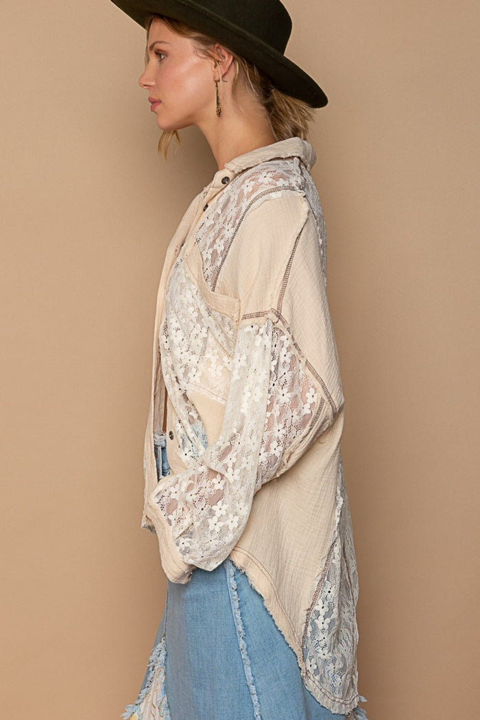 Hazel Blues® |  POL Oversize Lace Button-Down Shirt