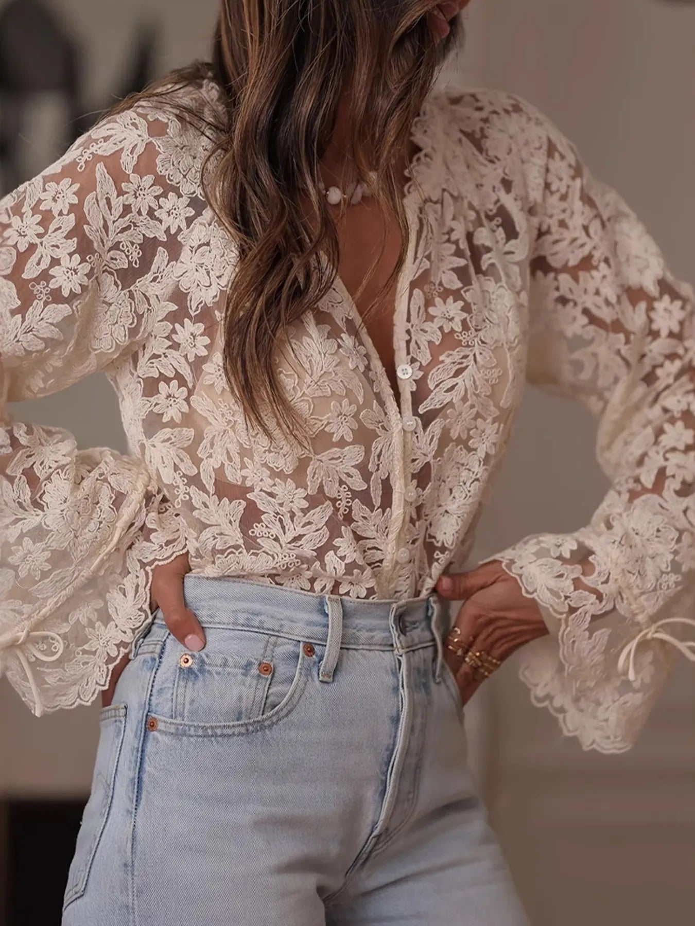 ◇PRENDA◇ LACE NECK BUTTON LONG SLEEVE BROWN l_p0184067579.jpg