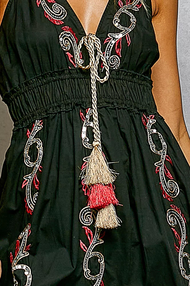 Hazel Blues | POL Embroidered Detail Tassel Tie Smocked Waist Midi Tiered Cami Dress Hazel Blues | POL Embroidered Detail Tassel Tie Smocked Waist Midi Tiered Cami Dress