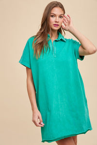 Hazel Blues® |  Annie Wear Mineral Washed Johnny Collar Short Sleeve Dress