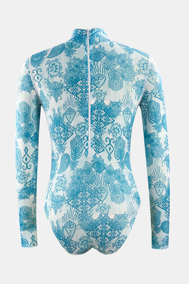 Hazel Blues® |  Printed Mock Neck Long Sleeve One-Piece Swimwear