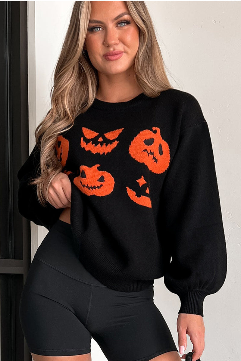 Hazel Blues® |  Black Halloween Pumpkin Face Pattern Drop Shoulder Sweater