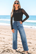 Hazel Blues® |  Stone Blue Star Patchwork Cropped Wide Leg High Waist Jeans