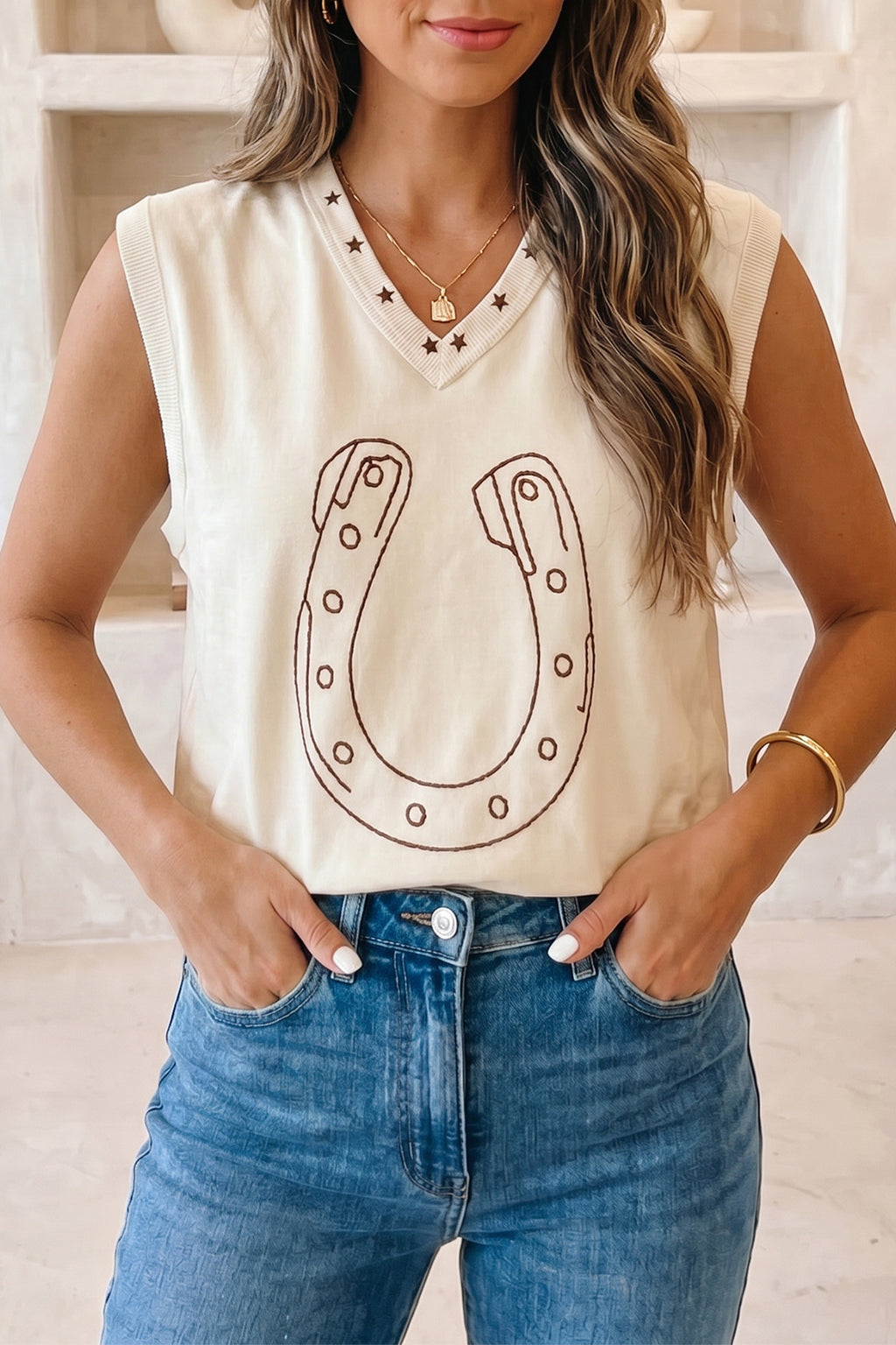 Horseshoe Embroidered Star Trim V-Neck Loose Tank Top | Embroidered V-Neck Horseshoe Tank