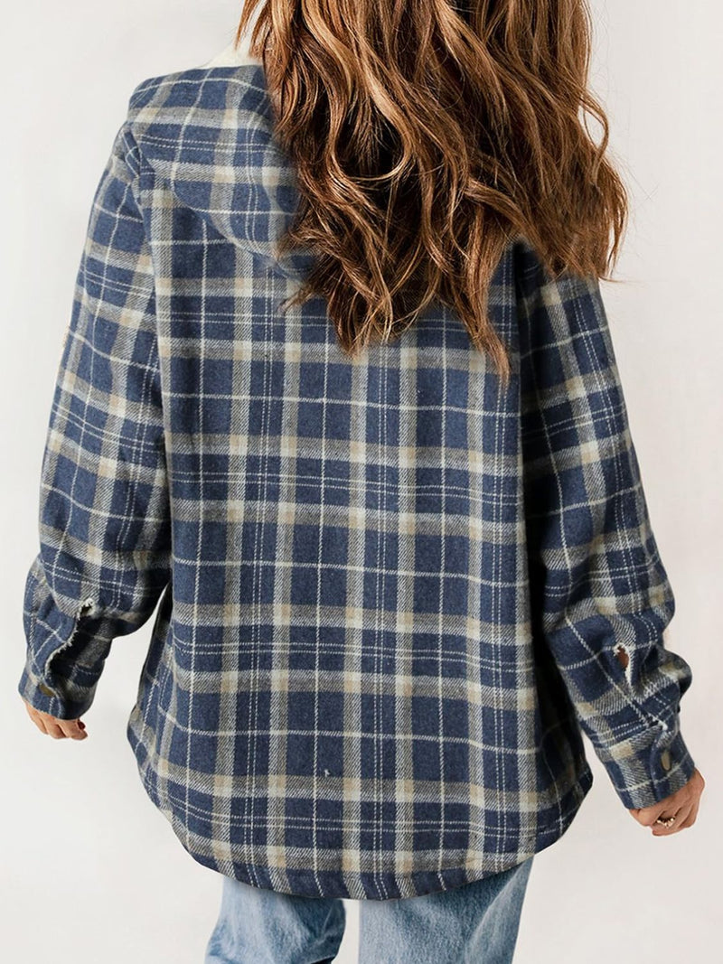 Hazel Blues® |  Plaid Snap Down Plush Hooded Jacket