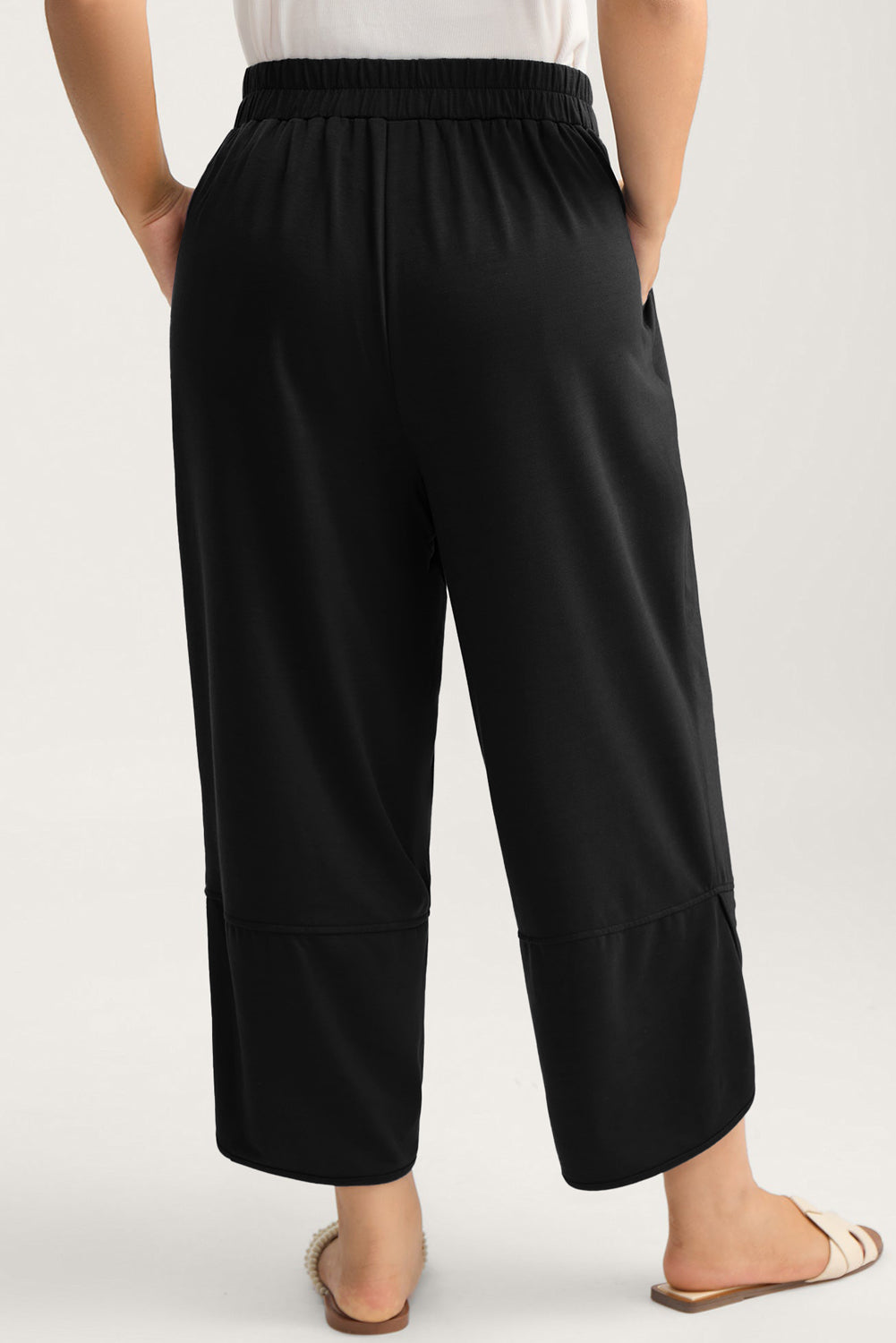 Elise Dawn Black Elastic Waist Asymmetrical Hem Loose Capris Pants