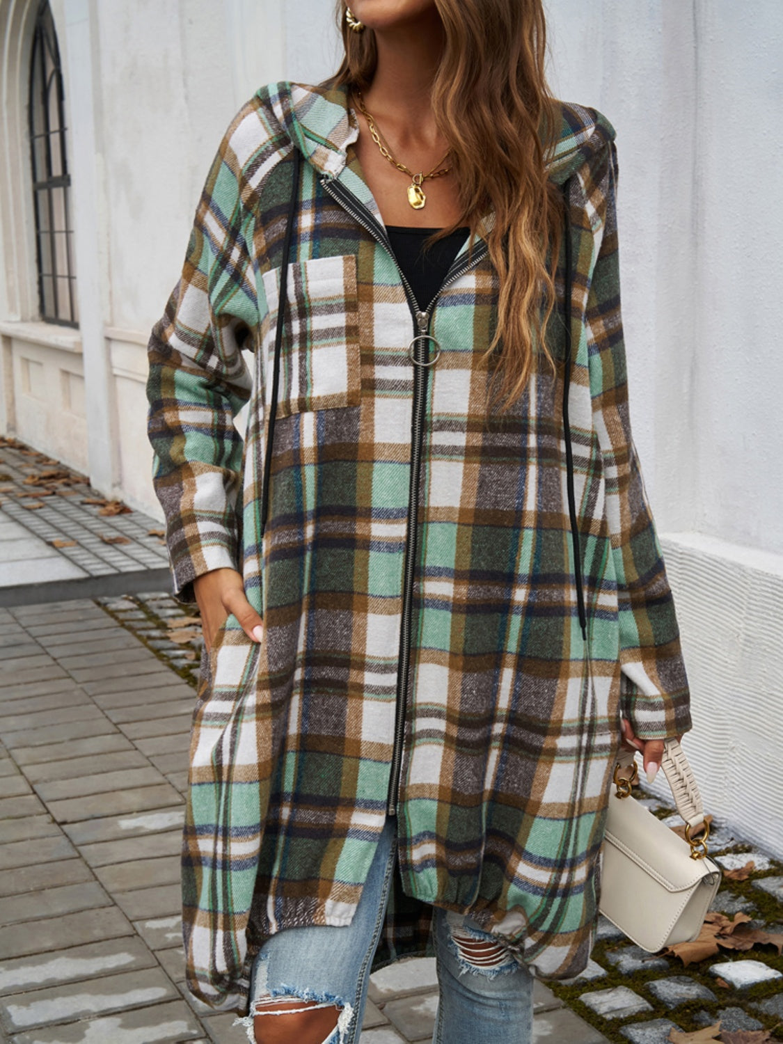 Hazel Blues® |  Plaid Zip Up Hooded Coat