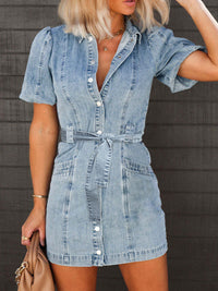 Hazel Blues® |  Puff Sleeve Button Up Mini Denim Dress