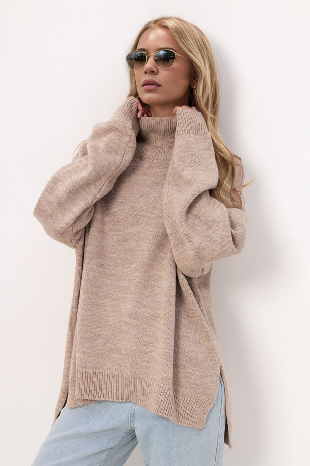 Hazel Blues® |  Basic Bae Side Slit Turtleneck Long Sleeve Sweater