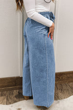 Hazel Blues® |  Beau Blue Western Washed Bow Knot Sash Wide Leg Jeans