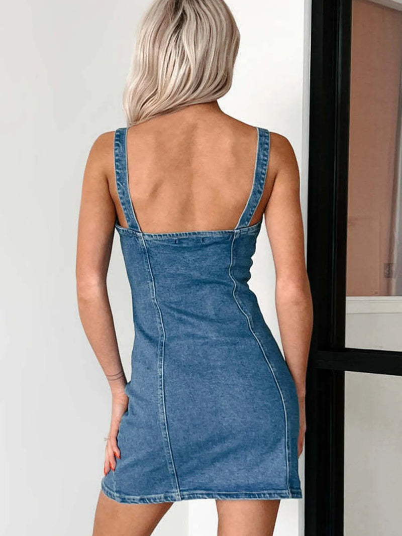 Button Front Sweetheart Neck Denim Mini Dress Medium / M Button Front Sweetheart Neck Denim Mini Dress Medium / M
