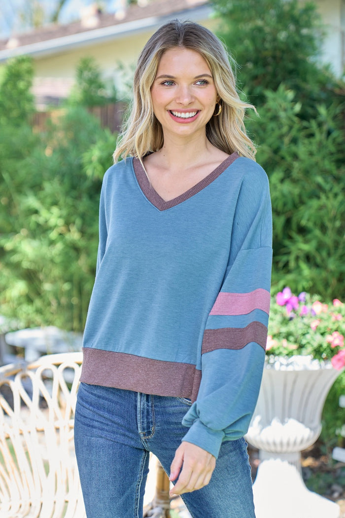 Hazel Blues® |  Hailey & Co Color Block V-Neck Cropped sweatshirt