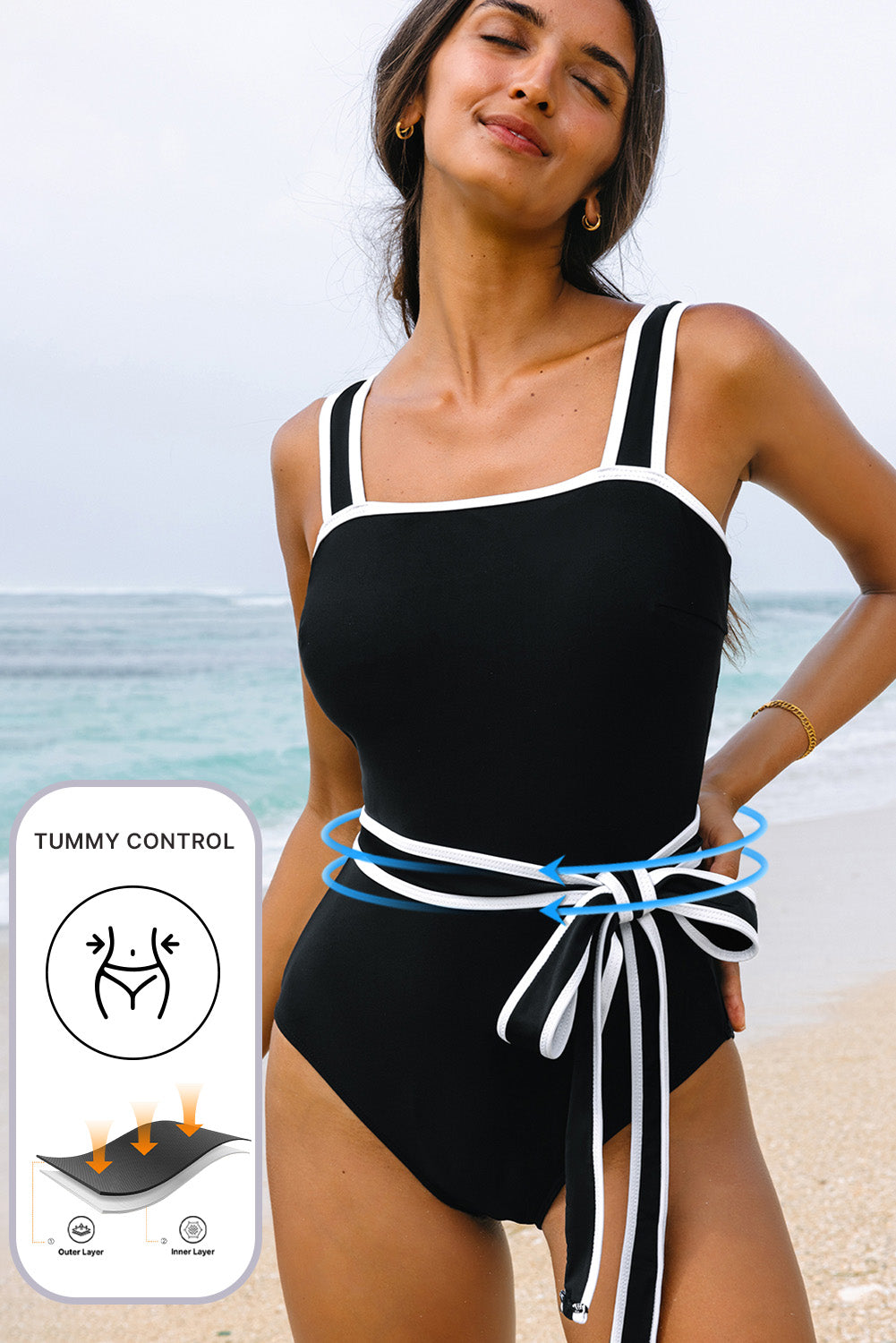 Black Color-Block Edge Belted One-Piece Swimsuit