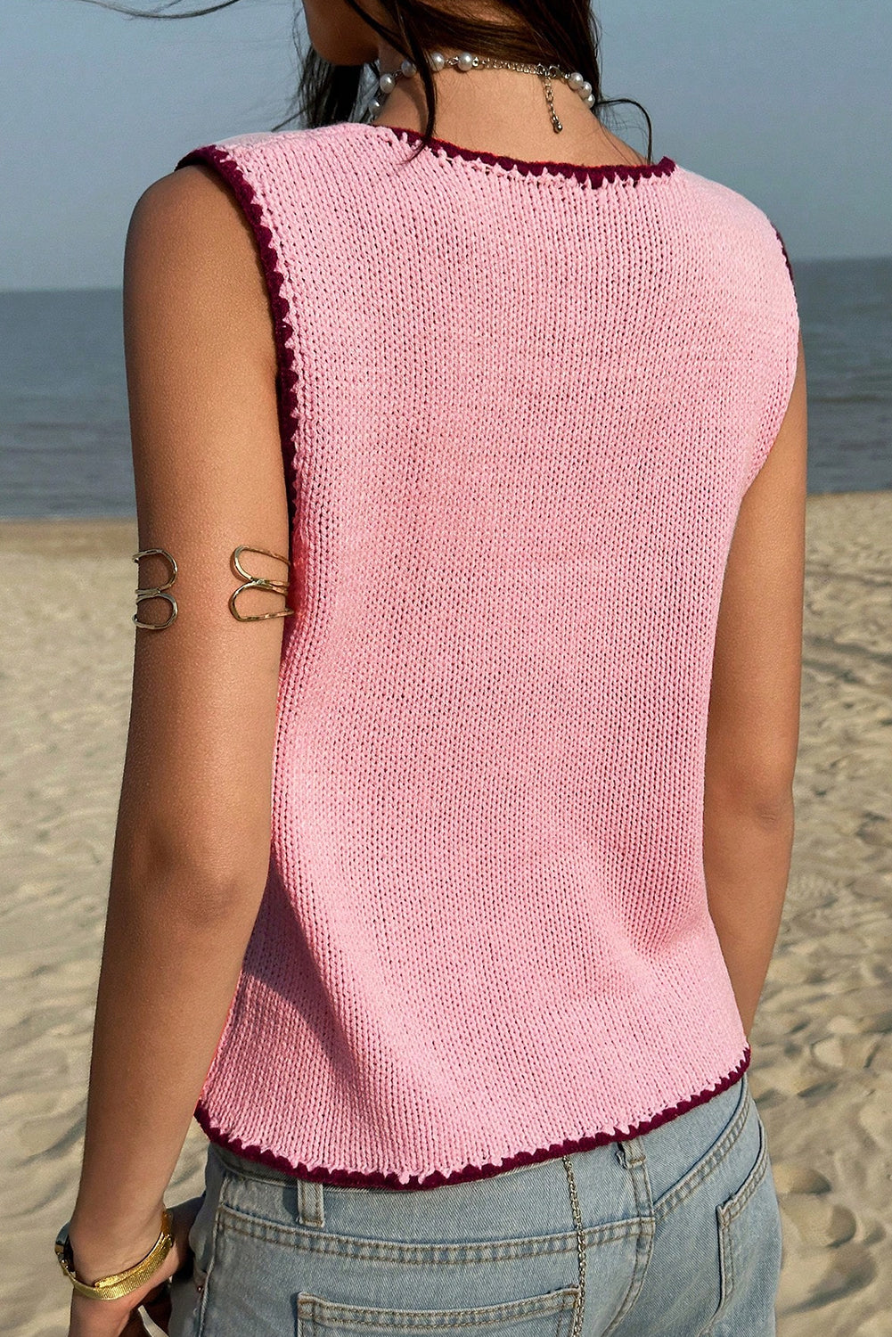 Buttoned Front Contrast Trim Sweater Vest | Button Cardigan