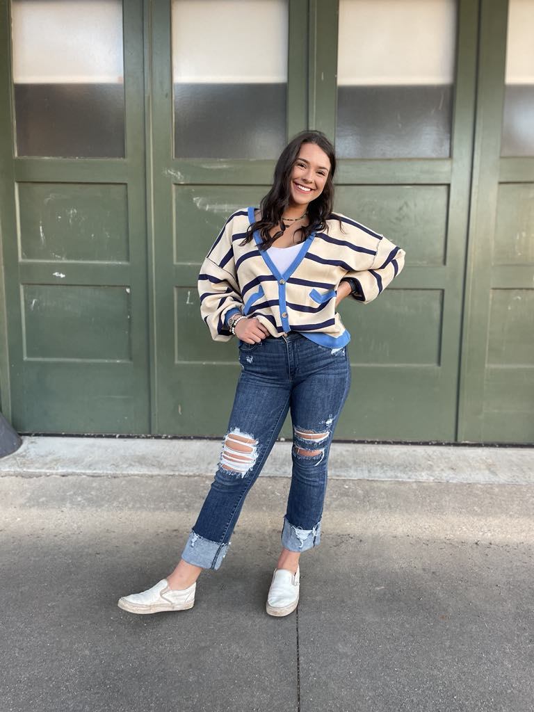 Contrast Trim Cardigan in Navy Stripe