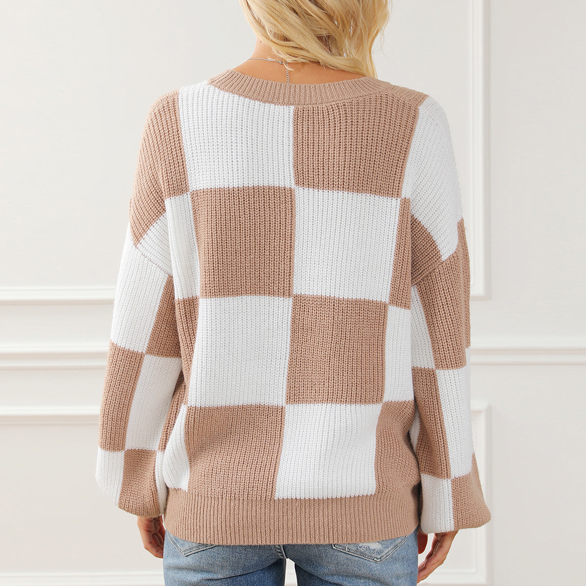 Hazel Blues® |  Checkered Round Neck Drop Shoulder Long Sleeve Sweater