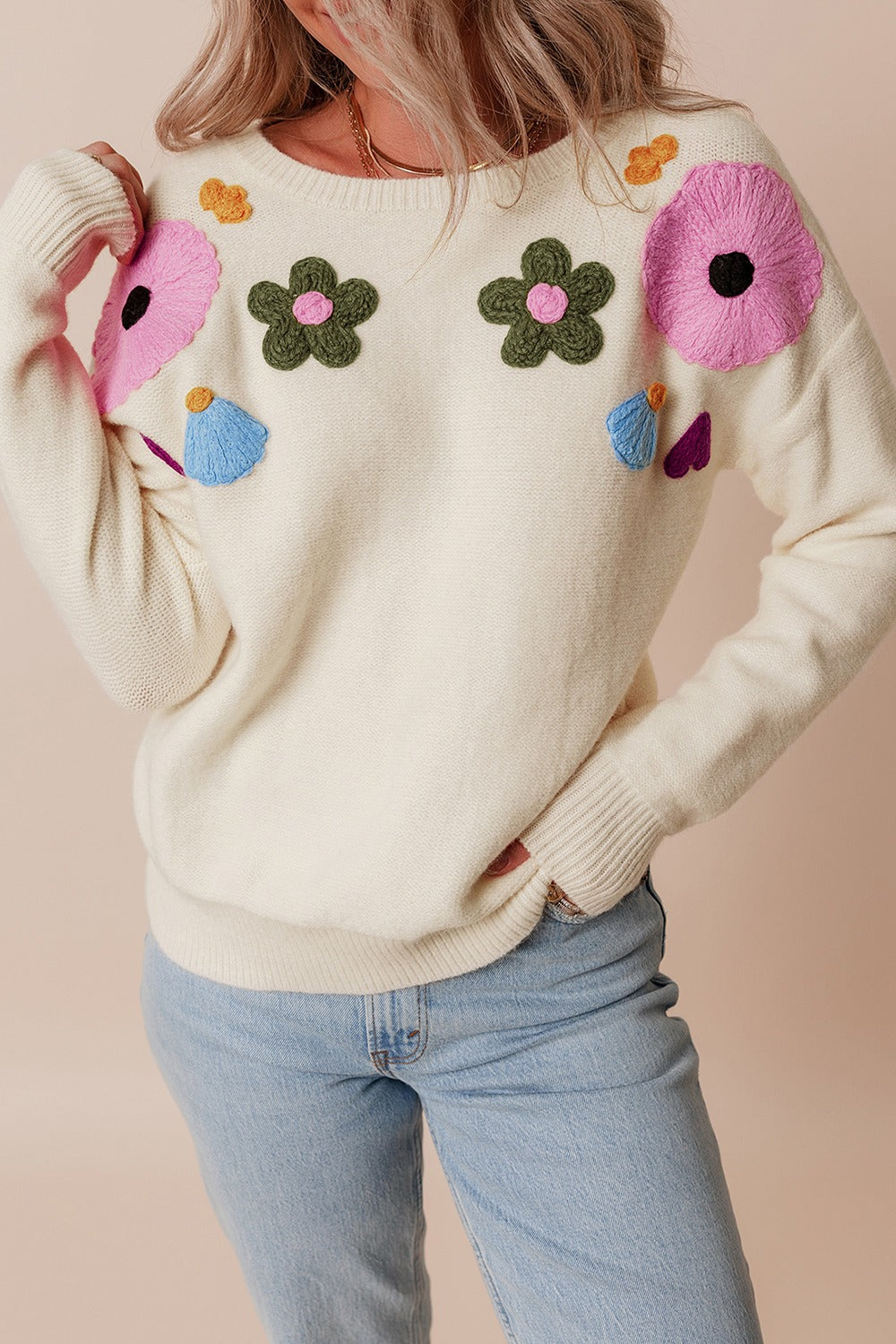 Hazel Blues® |  Crochet Flower Round Neck Dropped Shoulder Sweater