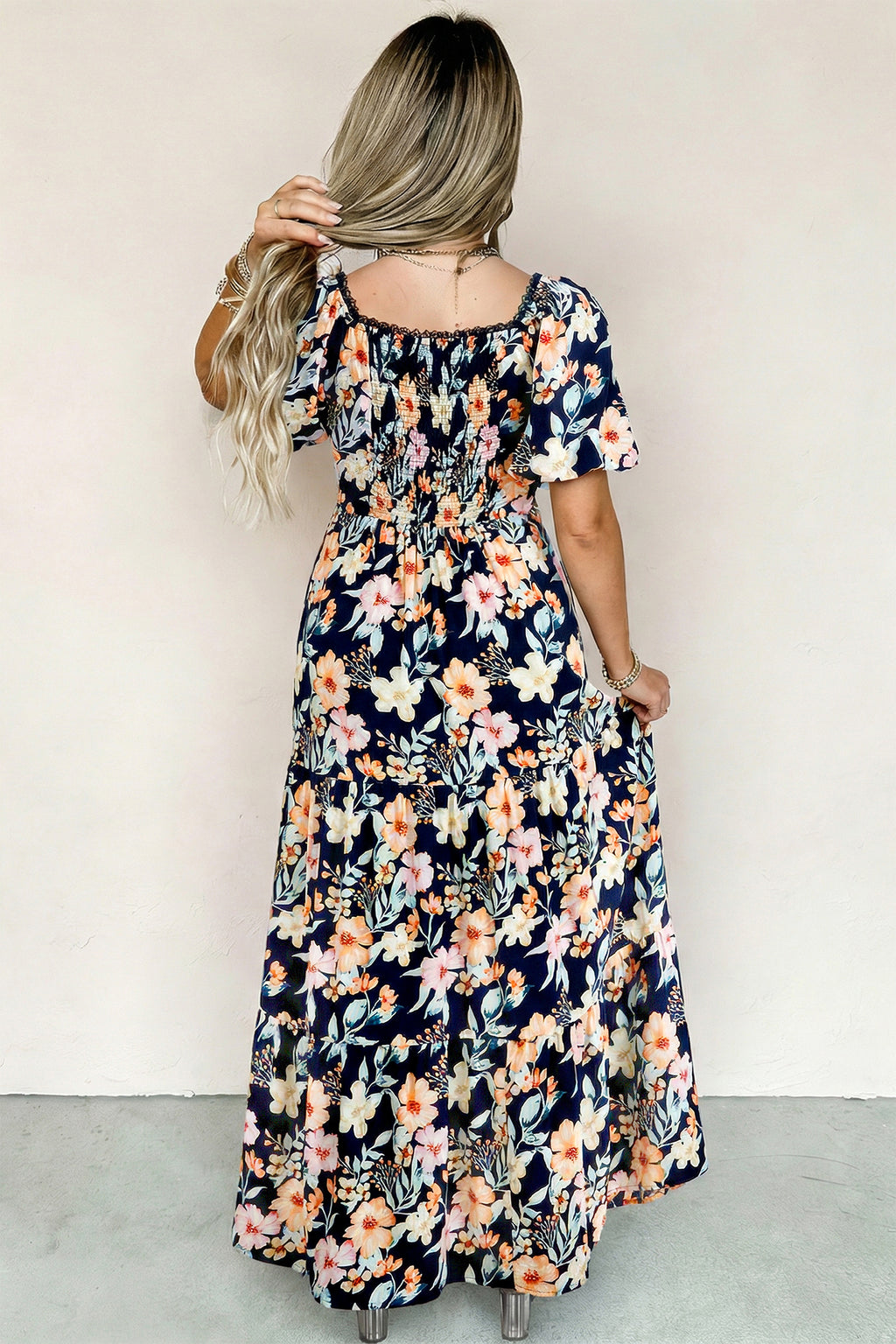 Blue Short-Sleeve Smocked Detail High-Waist Floral Maxi Dress