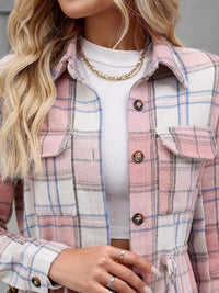 Hazel Blues® |  Drawstring Plaid Button Up Jacket with Chest Pockets