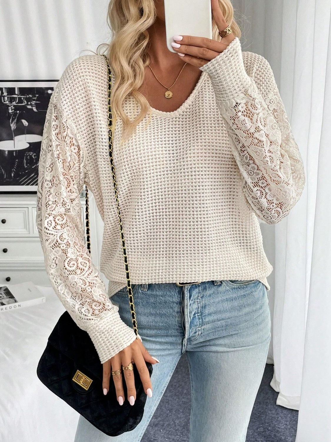 Hazel Blues® |  Lace V-Neck Long Sleeve Top