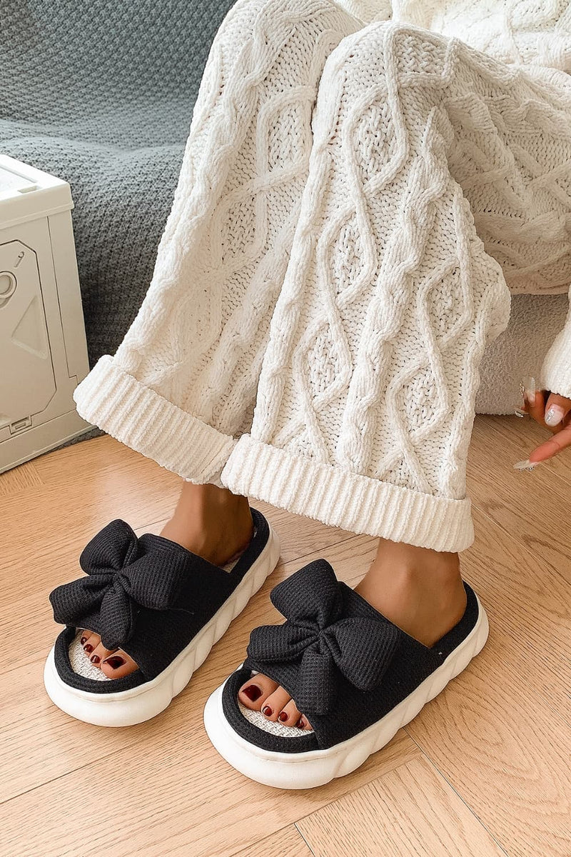 Hazel Blues® |  Bow Waffle-Knit Platform Slippers