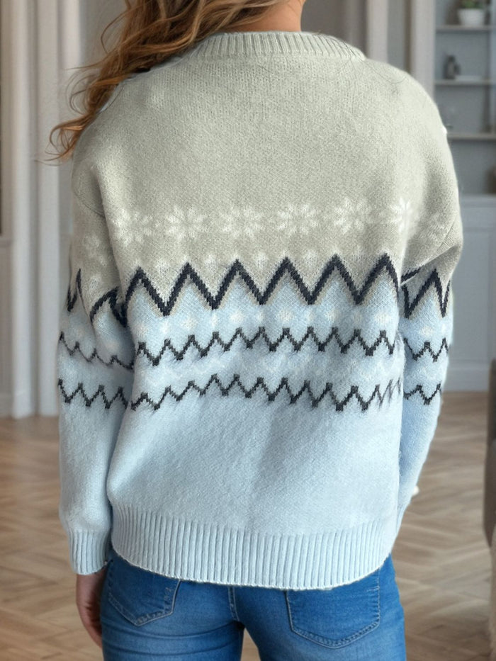 Hazel Blues® |  Chevron Contrast Round Neck Long Sleeve Sweater