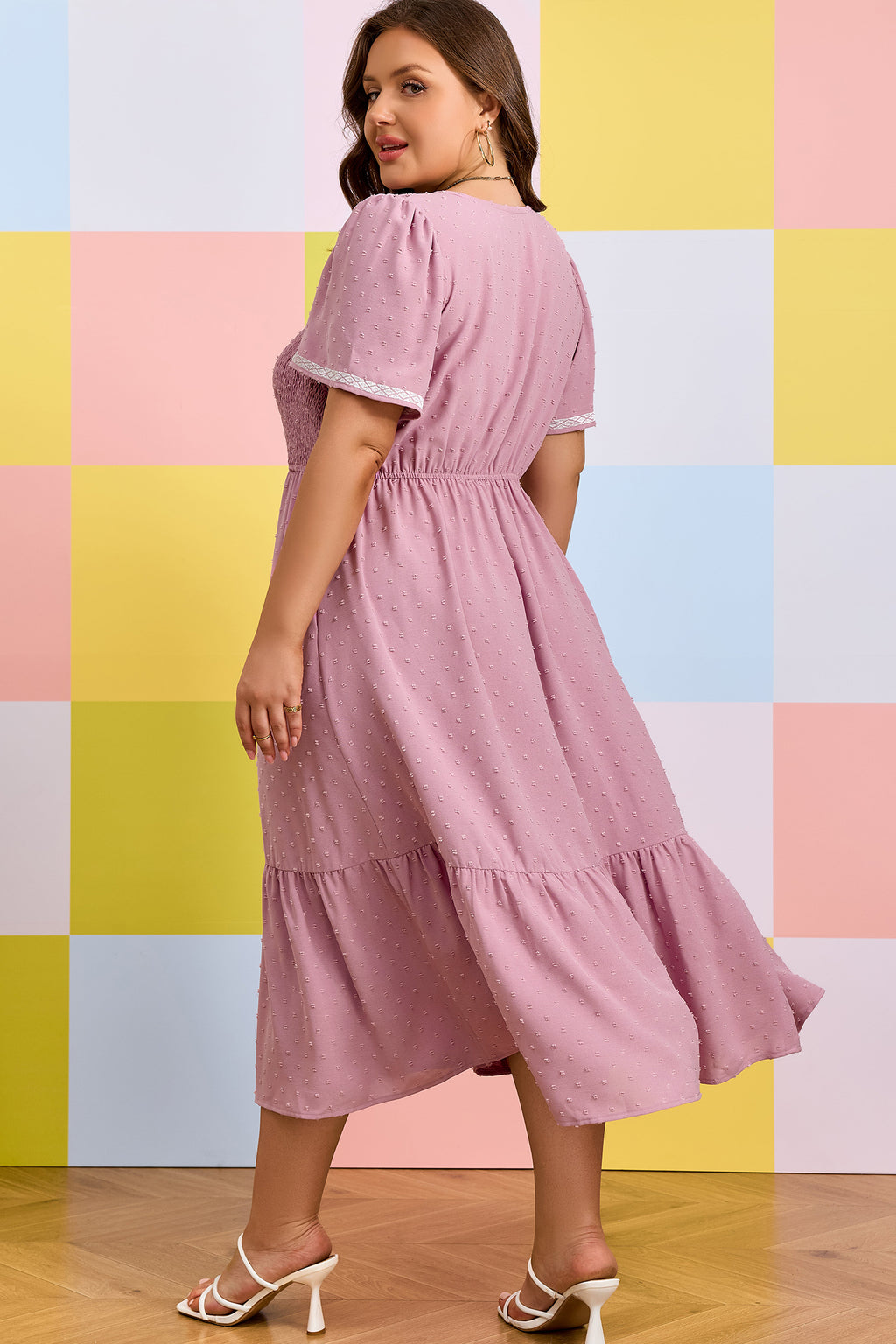 Pink Swiss Dot Short-Sleeve Smocked High-Waist Flowy Midi Dress