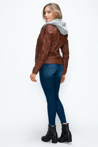 Hazel Blues® |  YMI Faux Layered Double-Zipper Jacket with Fuzzy Hood