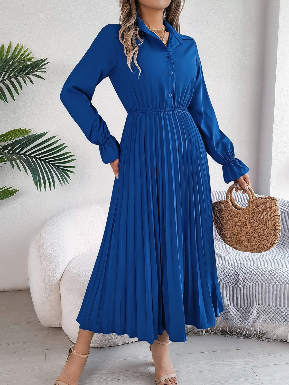 Hazel Blues® |  Pleated Half Button Long Sleeve Midi Dress