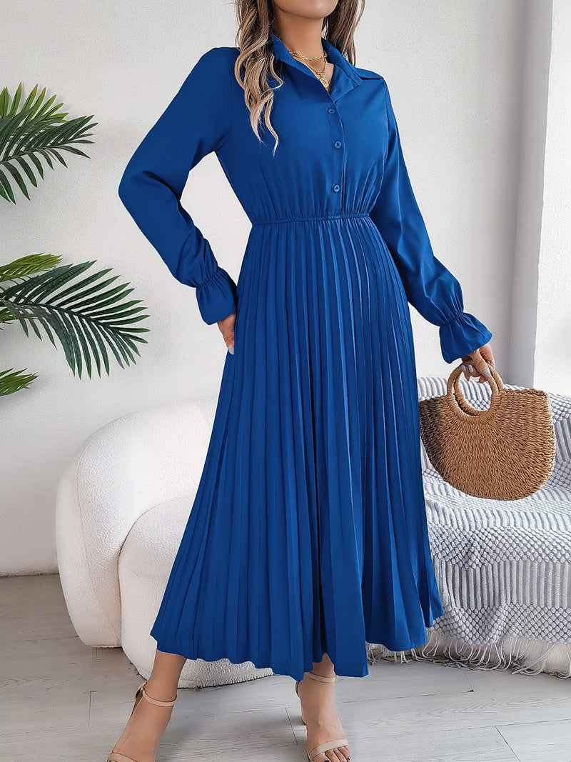 blue pleated dress with sleeves Pleated Long A-Line Formal Dress with Bell Sleeves Blossom Pink / 10