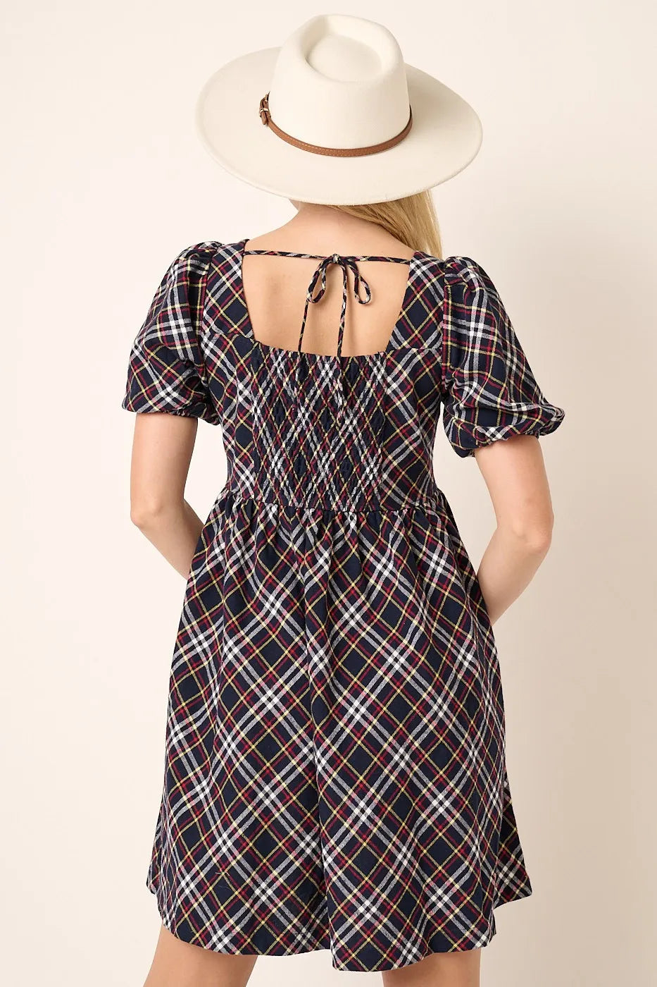 Hazel Blues® | Mittoshop Checkered Print Puff Sleeve Babydoll Mini