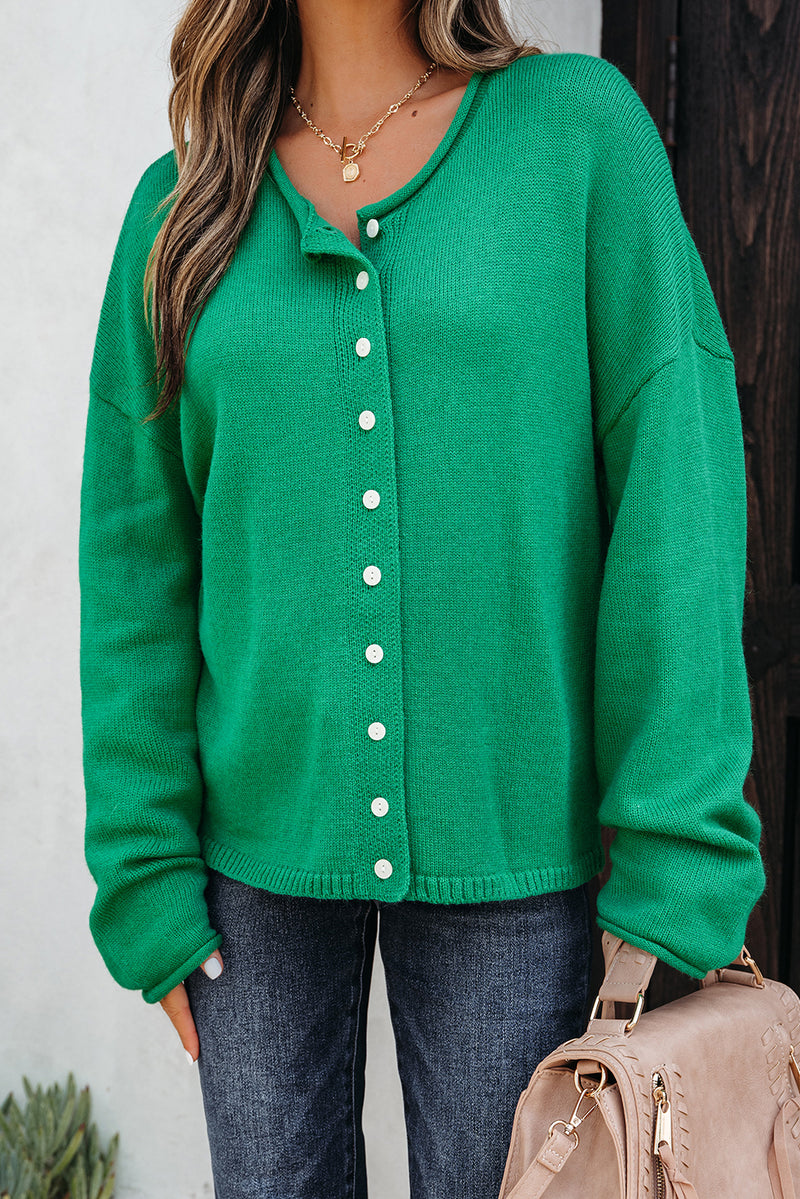 Hazel Blues® |  Bright Green Solid Color Knit Button Drop Shoulder Sweater Cardigan
