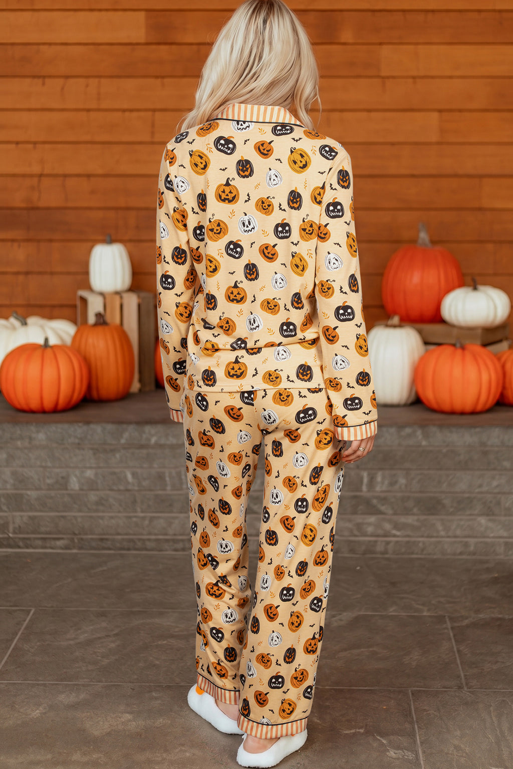 Magnolia Rae Orange Halloween Pumpkin Print Two-Piece Long-Sleeve Lounge Set