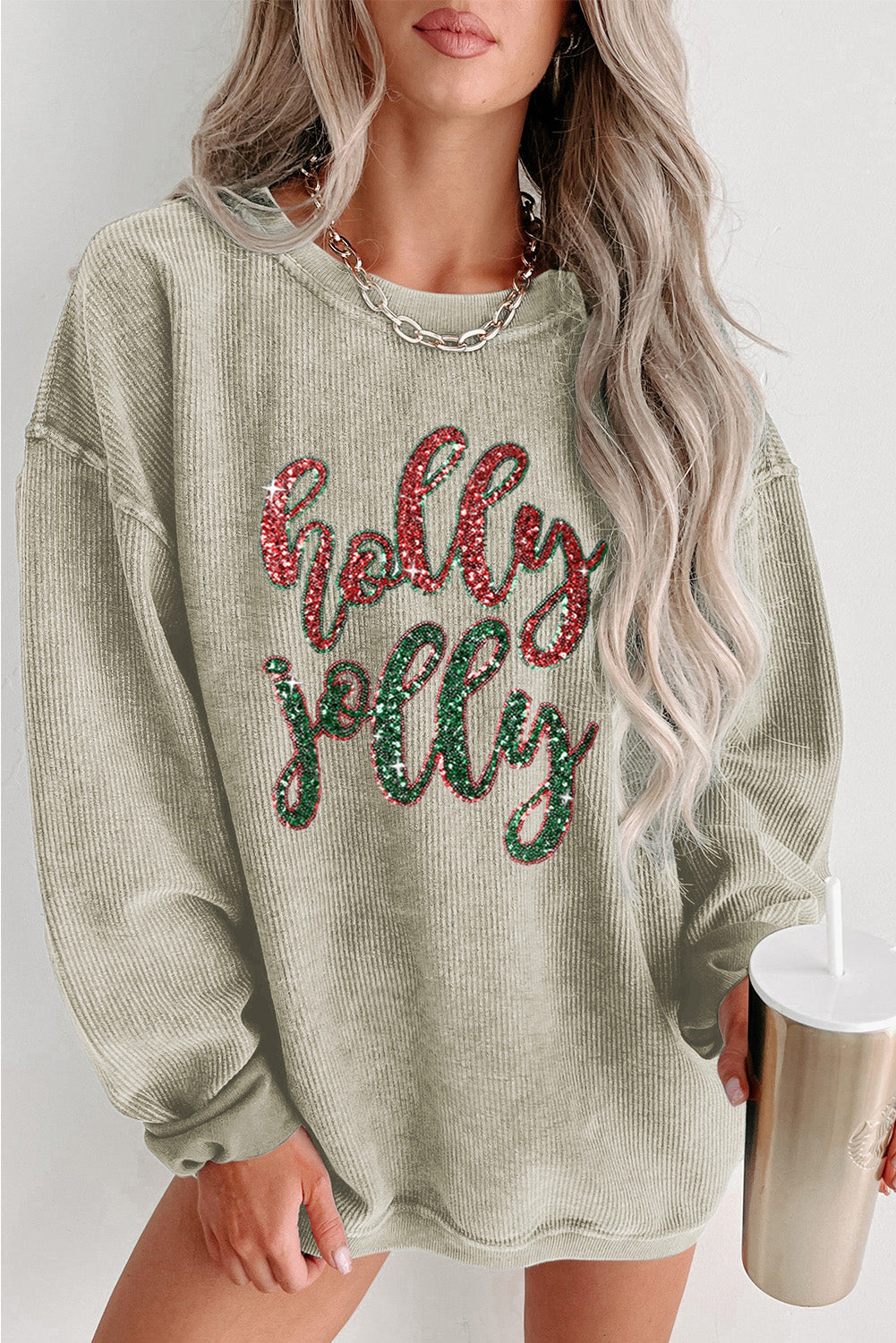 Hazel Blues® |  Green Sequined holly jolly Graphic Corded Sweatshirt