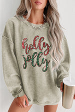 Hazel Blues® |  Green Sequined holly jolly Graphic Corded Sweatshirt