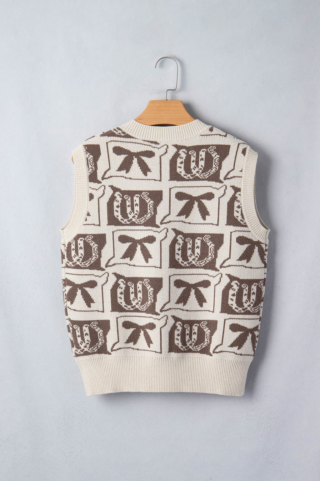 Bow Printed Western Horseshoe V-Neck Loose Sweater Vest | Western V-Neck Bow Cardigan