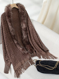 Hazel Blues® |  Fringe Leopard Open Front Long Sleeve Poncho