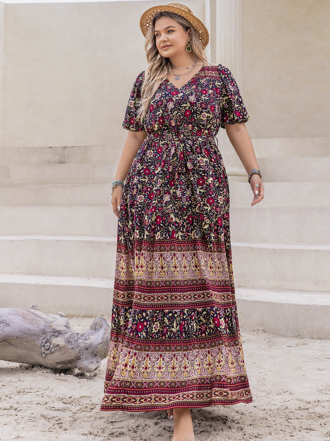 Hazel Blues® | Printed V-Neck Short Sleeve Maxi Dress